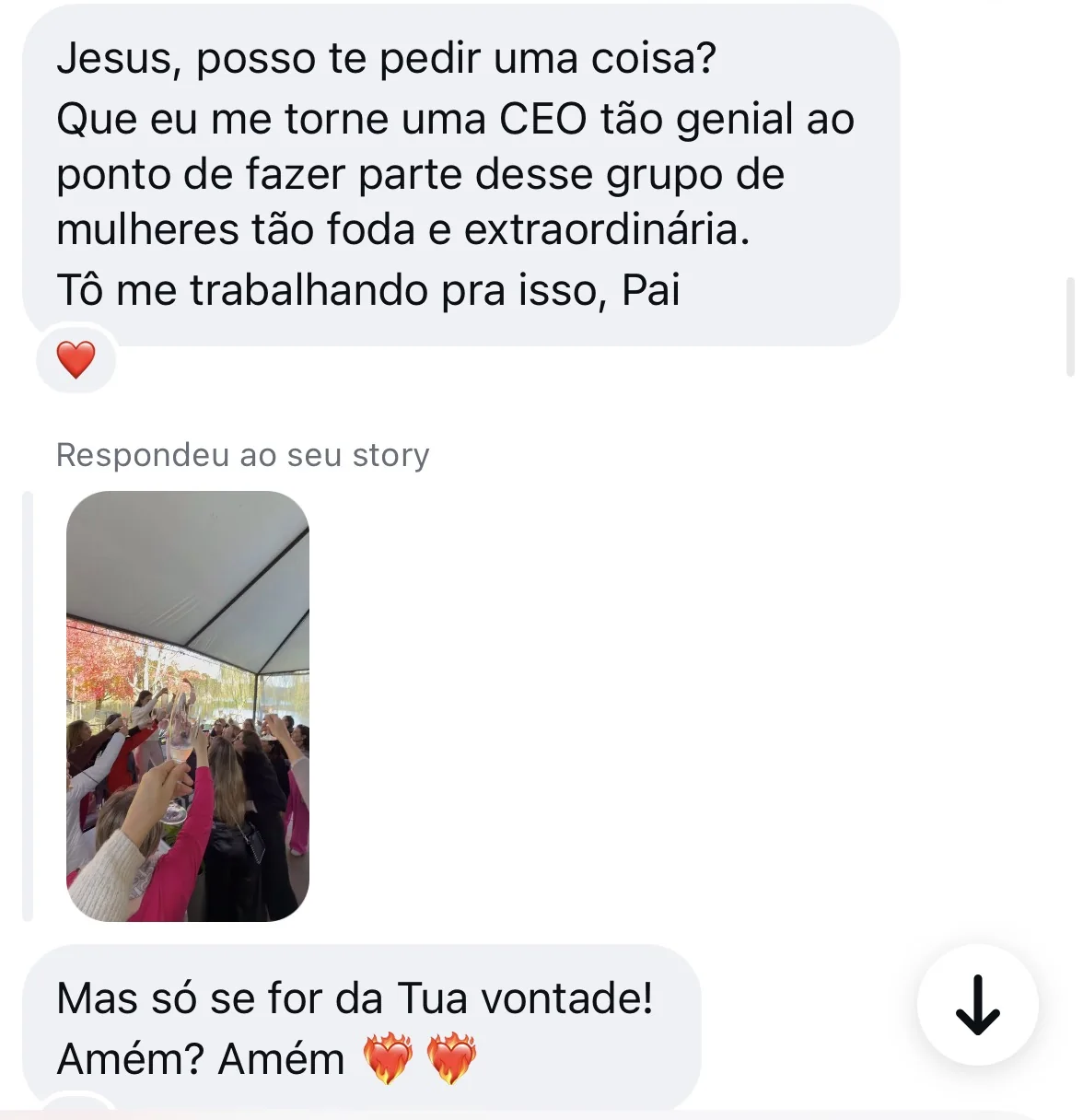 Print de conversa: que eu me torne uma CEO tao genial ao ponto de fazer parte desse grupo de mulheres, to me trabalhando pra isso.