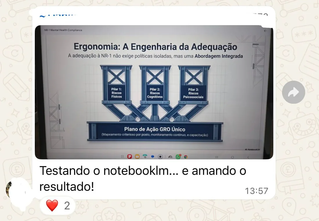 Print de WhatsApp: apresentacao sobre ergonomia montada no NotebookLM, com o comentario testando o NotebookLM e amando o resultado.