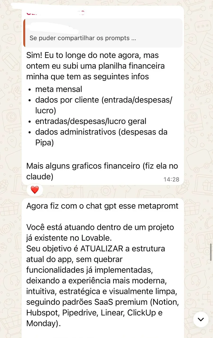 Print de WhatsApp: subi uma planilha financeira com meta mensal, dados por cliente e lucro geral, e o metaprompt usado para atualizar o app.